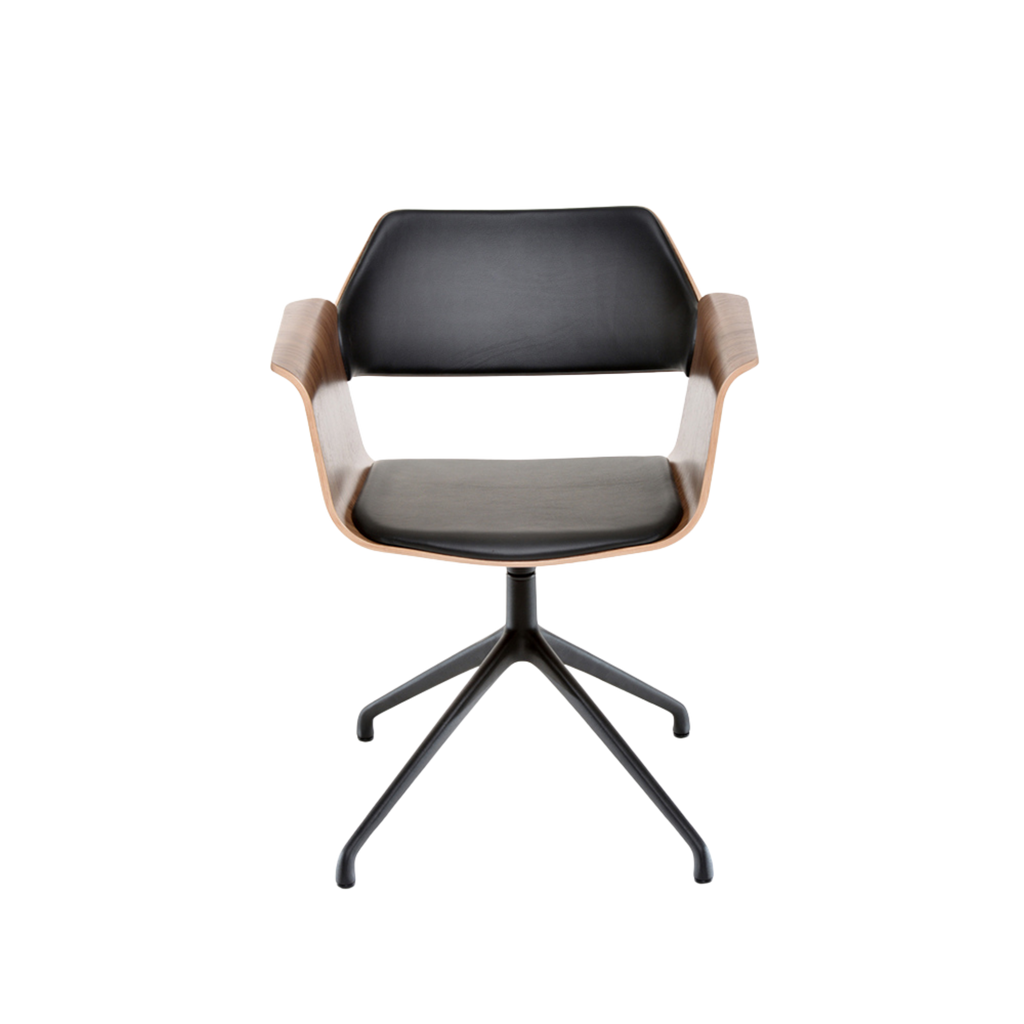 FLAGSHIP swivel armchair (walnut, black leather upholstery)