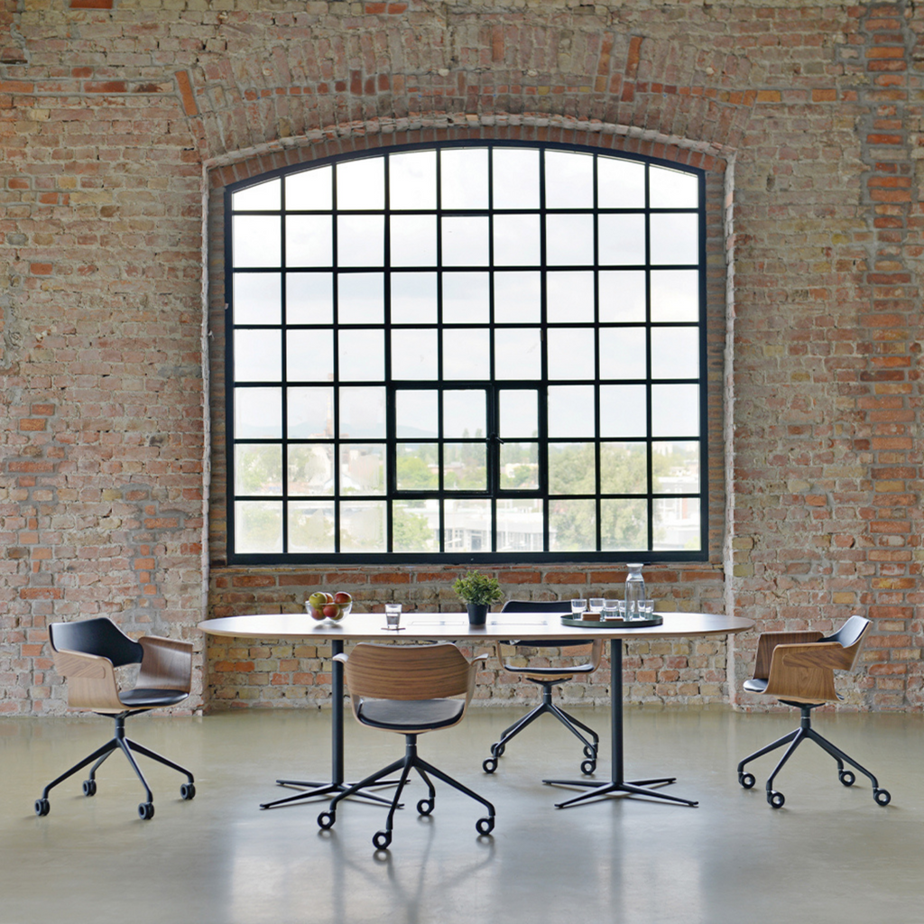 FLAGSHIP swivel armchair (walnut, black leather upholstery)