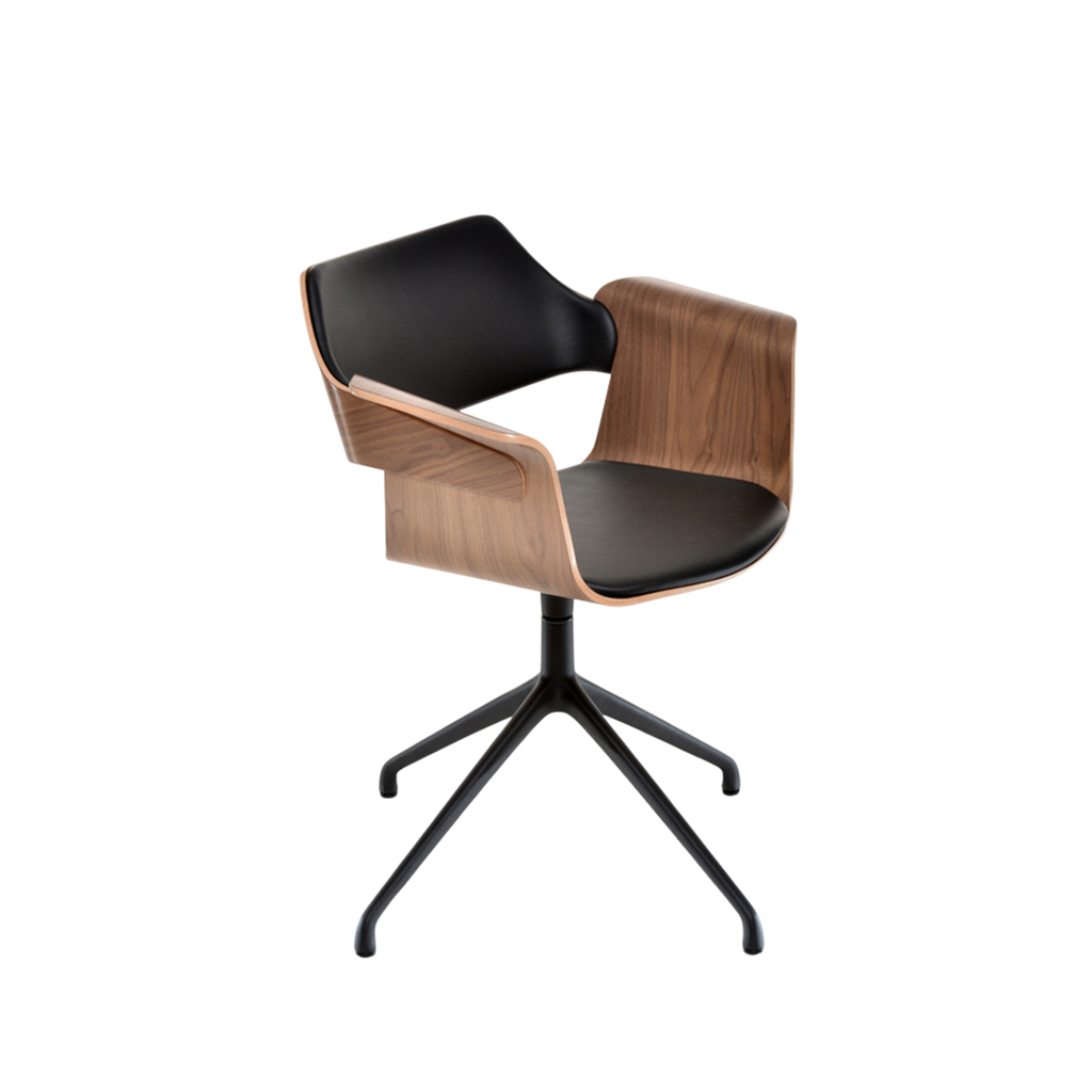 FLAGSHIP swivel armchair (walnut, black leather upholstery)