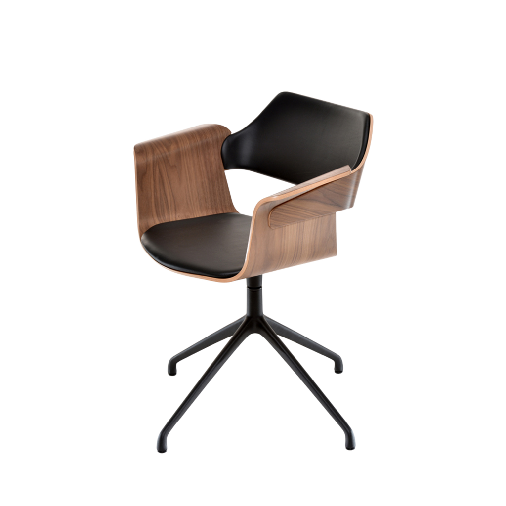 FLAGSHIP swivel armchair (walnut, black leather upholstery)