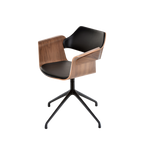 FLAGSHIP swivel armchair (walnut, black leather upholstery)