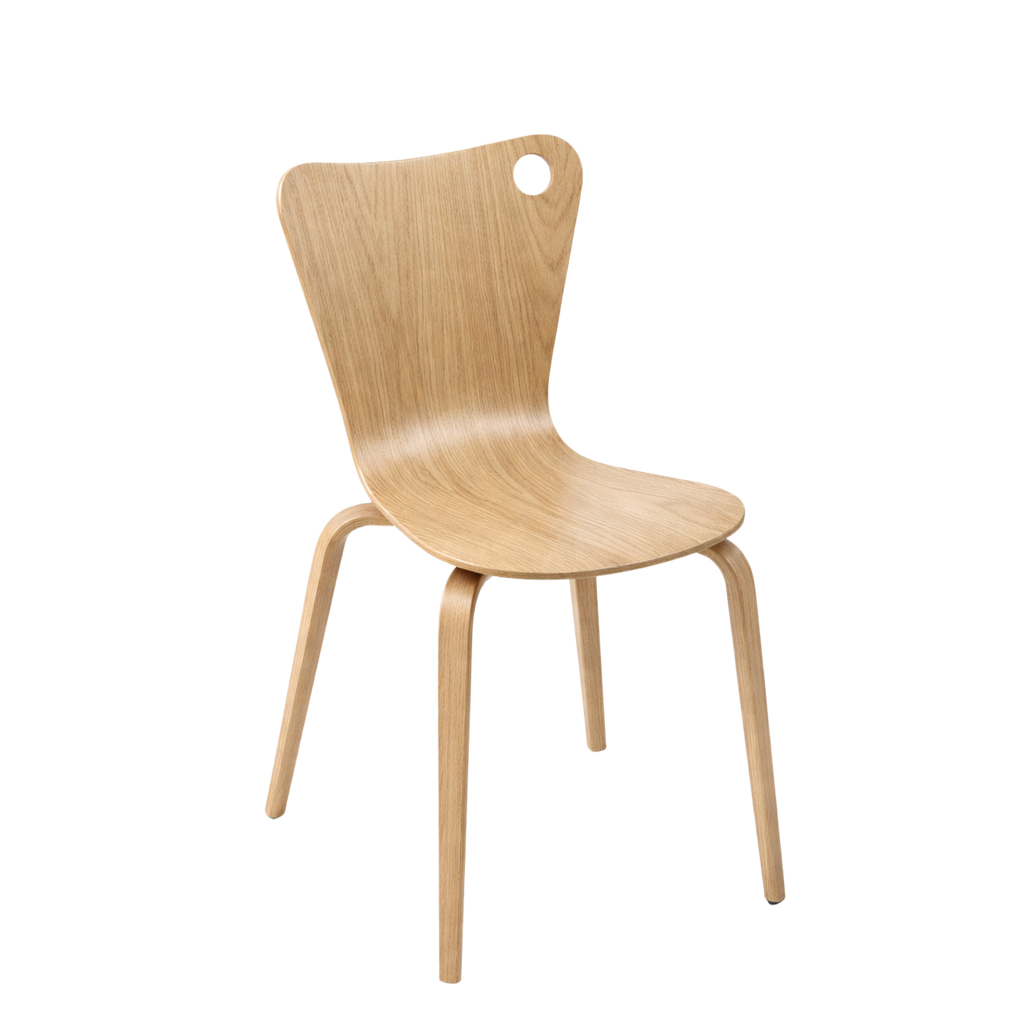 Wooden chair with a unique back design on a white background