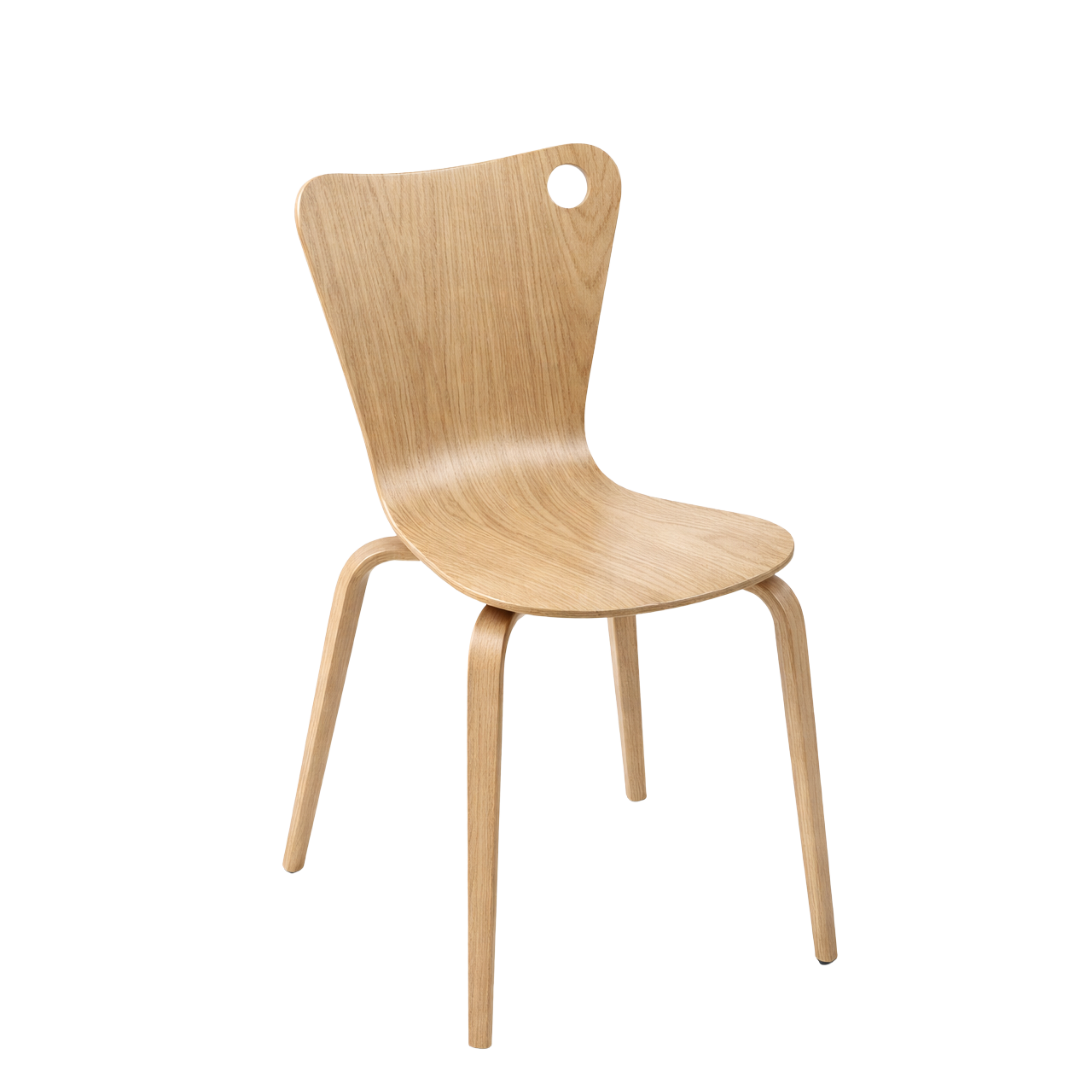 Wooden chair with a unique back design on a white background