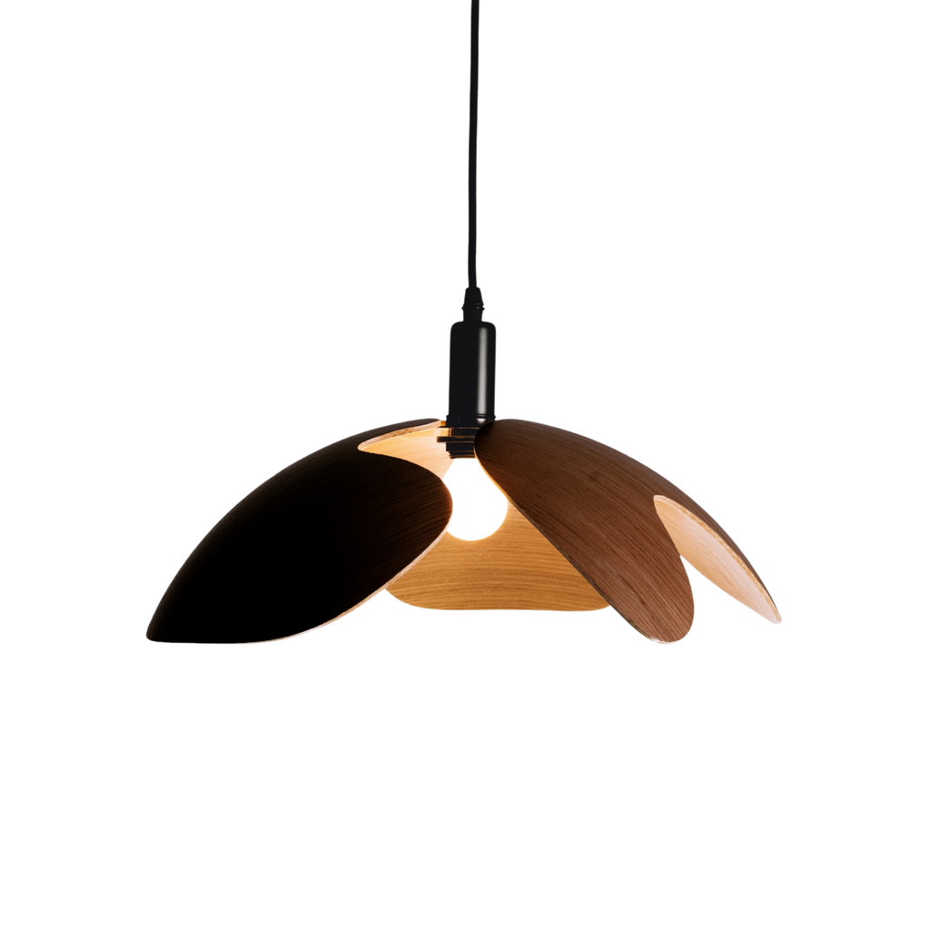 Modern pendant light with wooden design on a white background