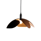 Modern pendant light with wooden design on a white background