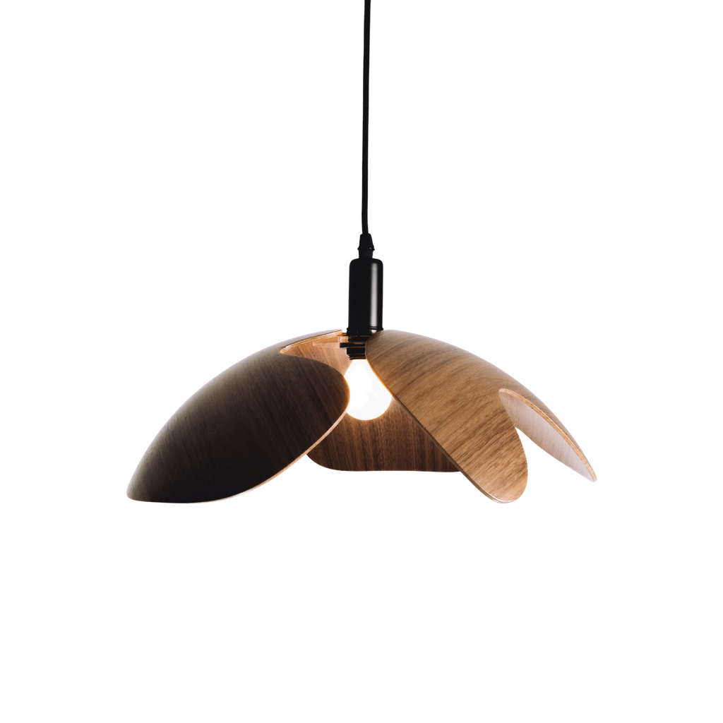 Wooden pendant light with a white background