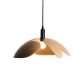 Modern pendant light with wooden design on a white background