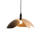 Modern pendant light with wooden design on a white background