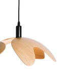 Wooden pendant light with black cord on a white background