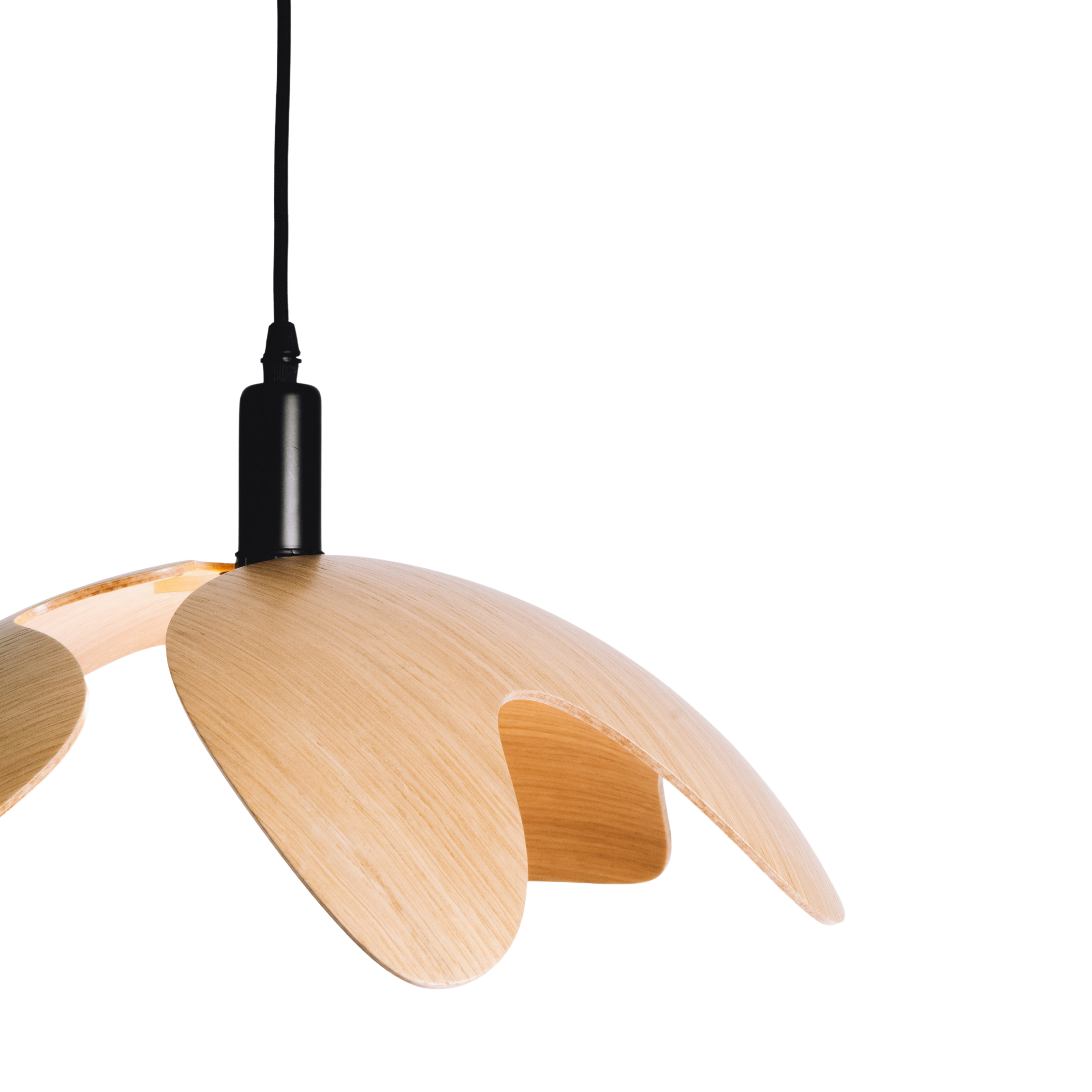 Wooden pendant light with black cord on a white background
