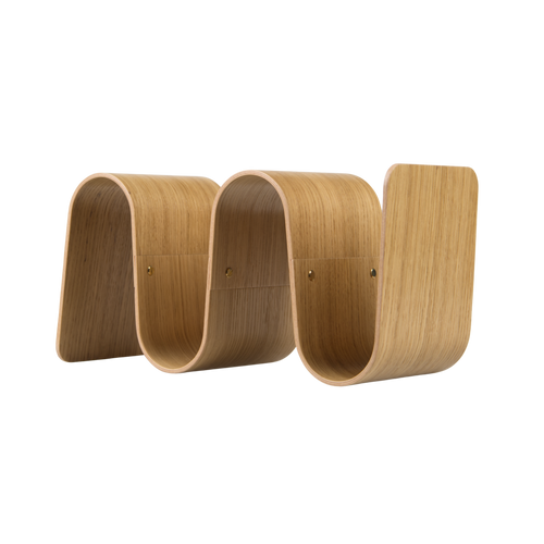 Wooden bookend with a wavy design on a white background