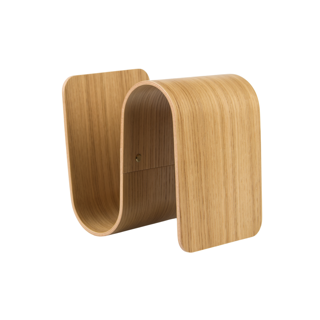 Wooden bookend with curved design on a white background