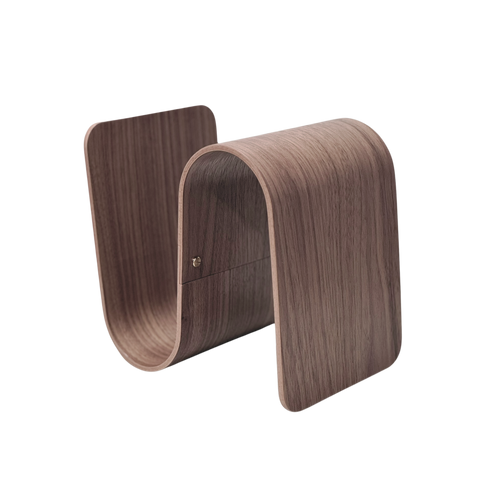 Wooden bookend with a curved design on a white background