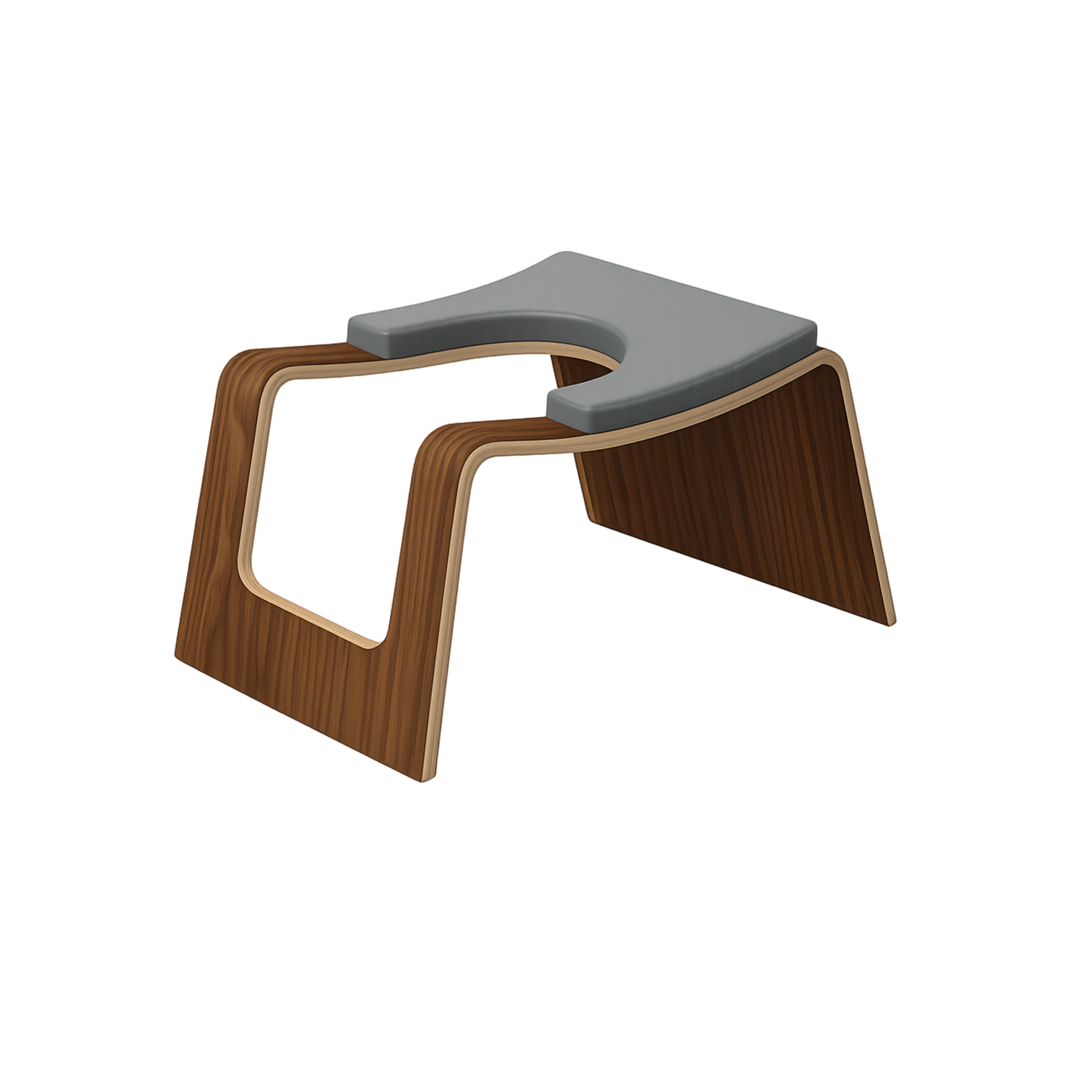 Modern yoga headstand stool with wooden base and grey cushion on a white background