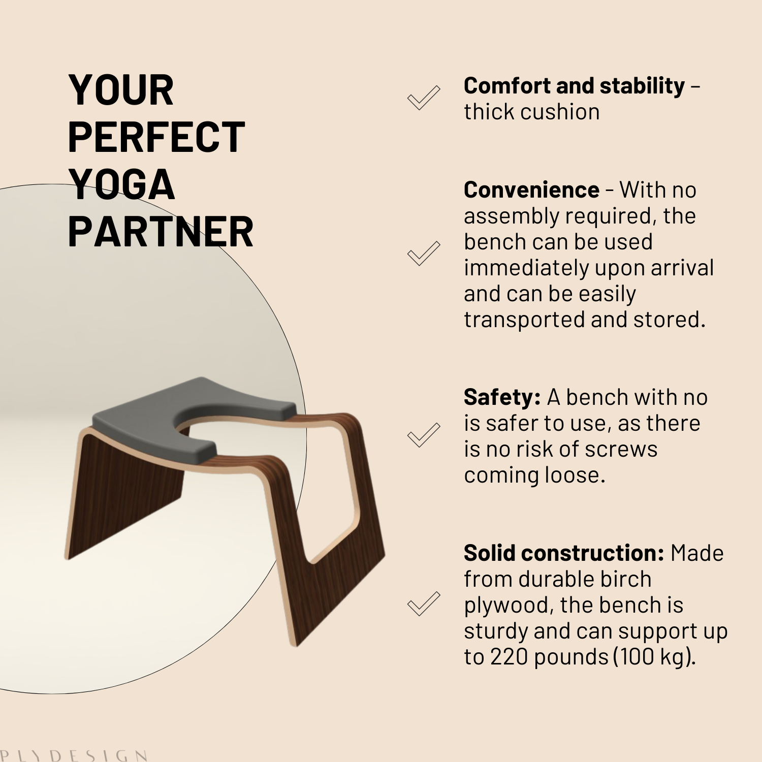 Yoga stool with features listed on a beige background