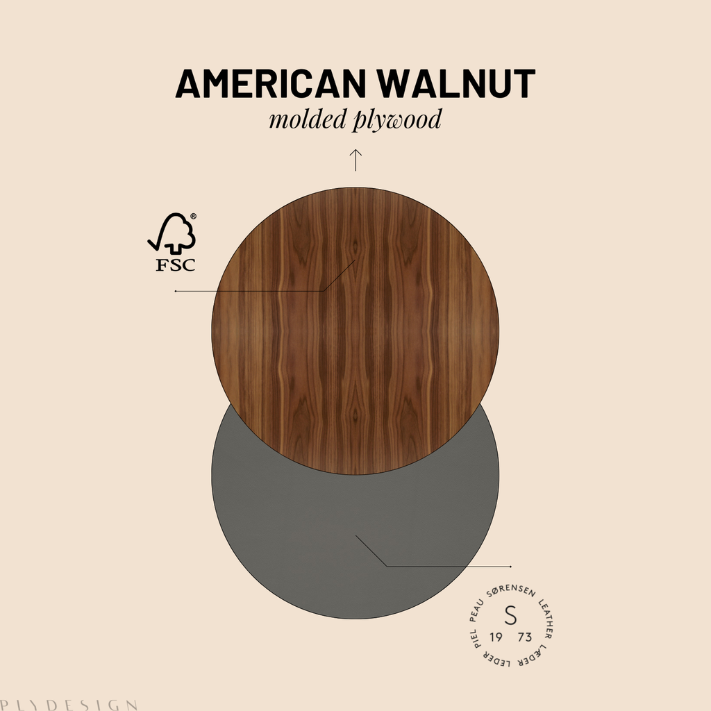 American Walnut molded plywood with FSC logo on a beige background