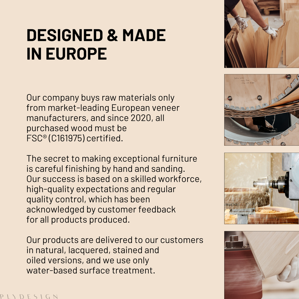 Text about furniture manufacturing process with images of wood processing.