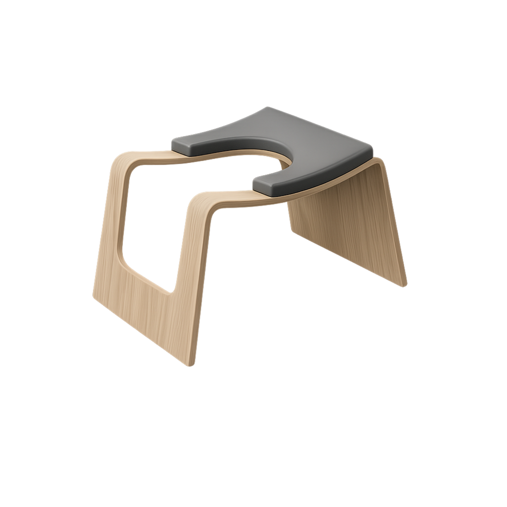 Modern design yoga headstand stool with wooden legs and gray seat on a white background