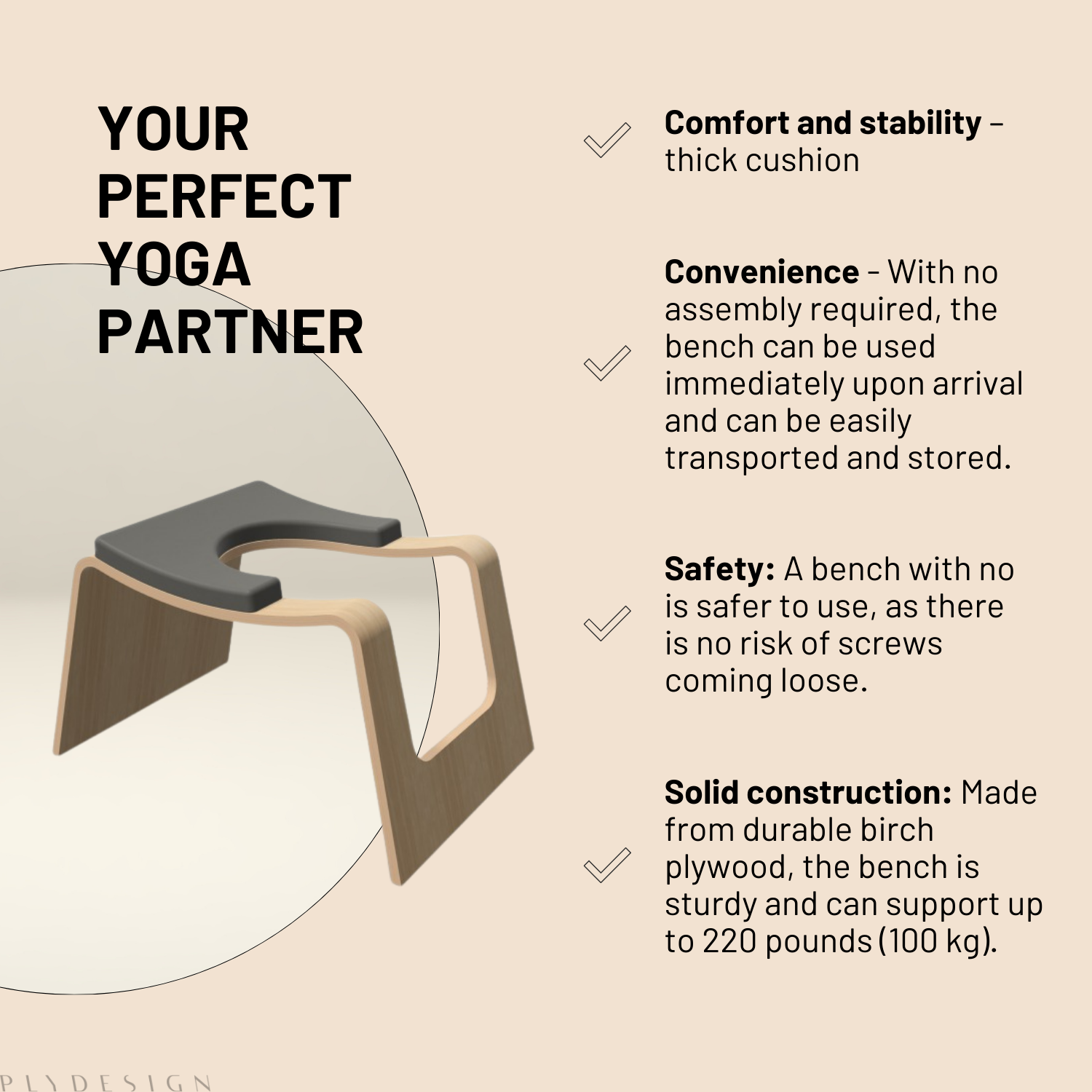 Yoga headstand bench with features listed on a beige background