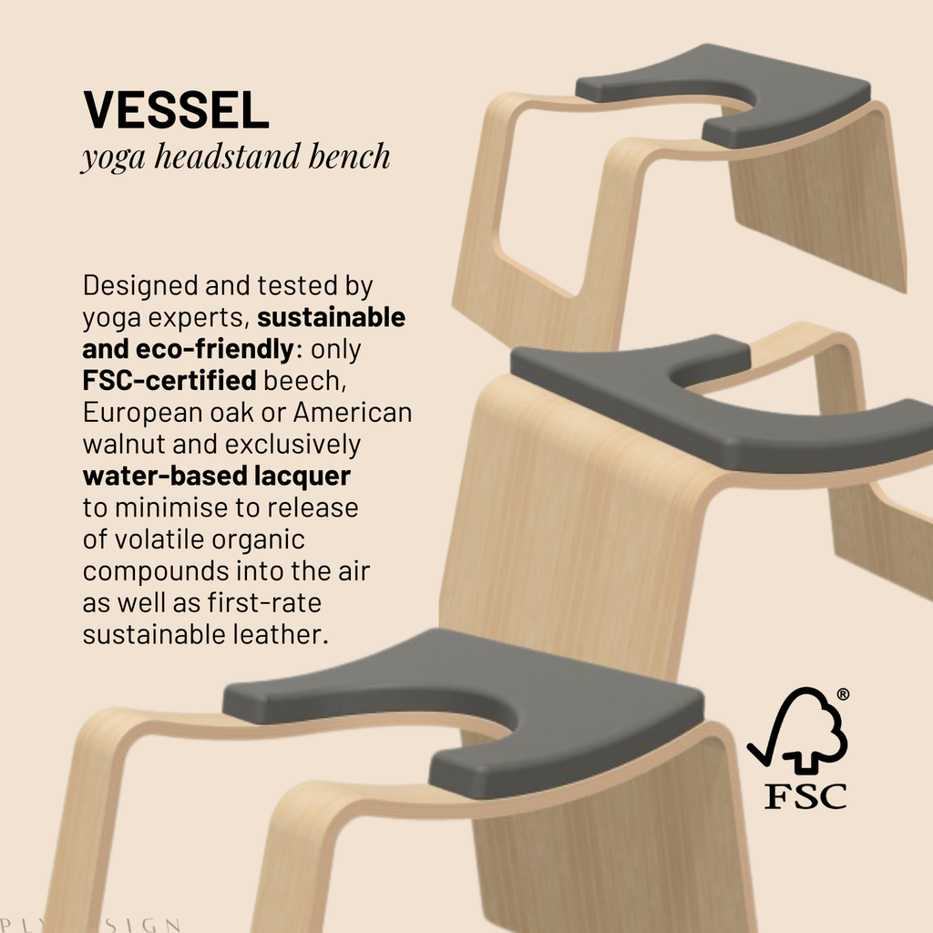 Yoga headstand bench with FSC certification label on a beige background