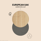 Diagram of European Oak molded plywood with FSC logo on a beige background