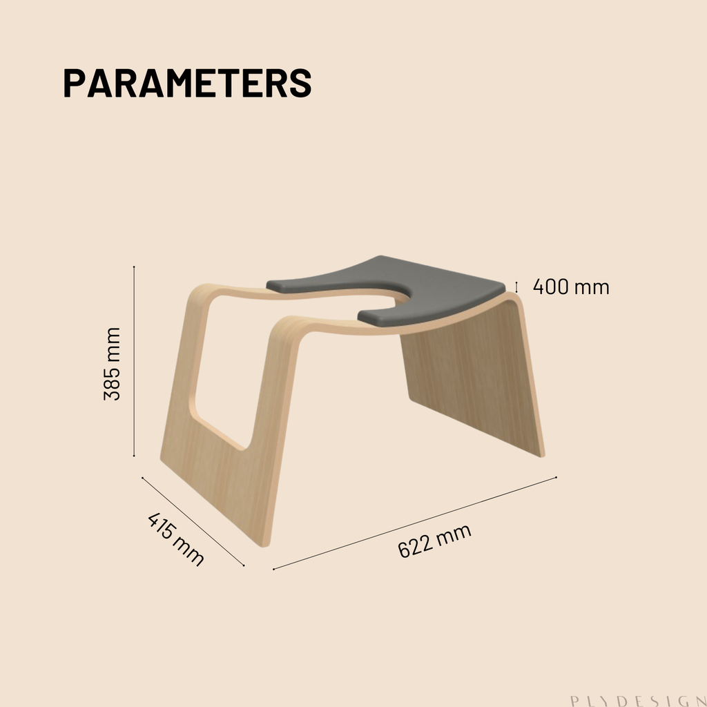 Small yoga headstand stool with dimensions labelled on a beige background