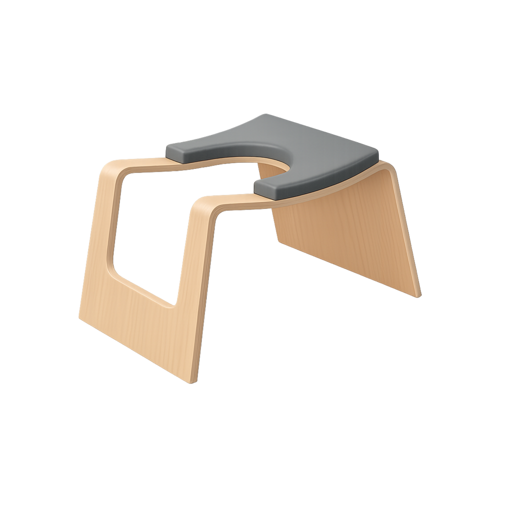 Yoga headstand stool with a gray seat and wooden frame on a white background