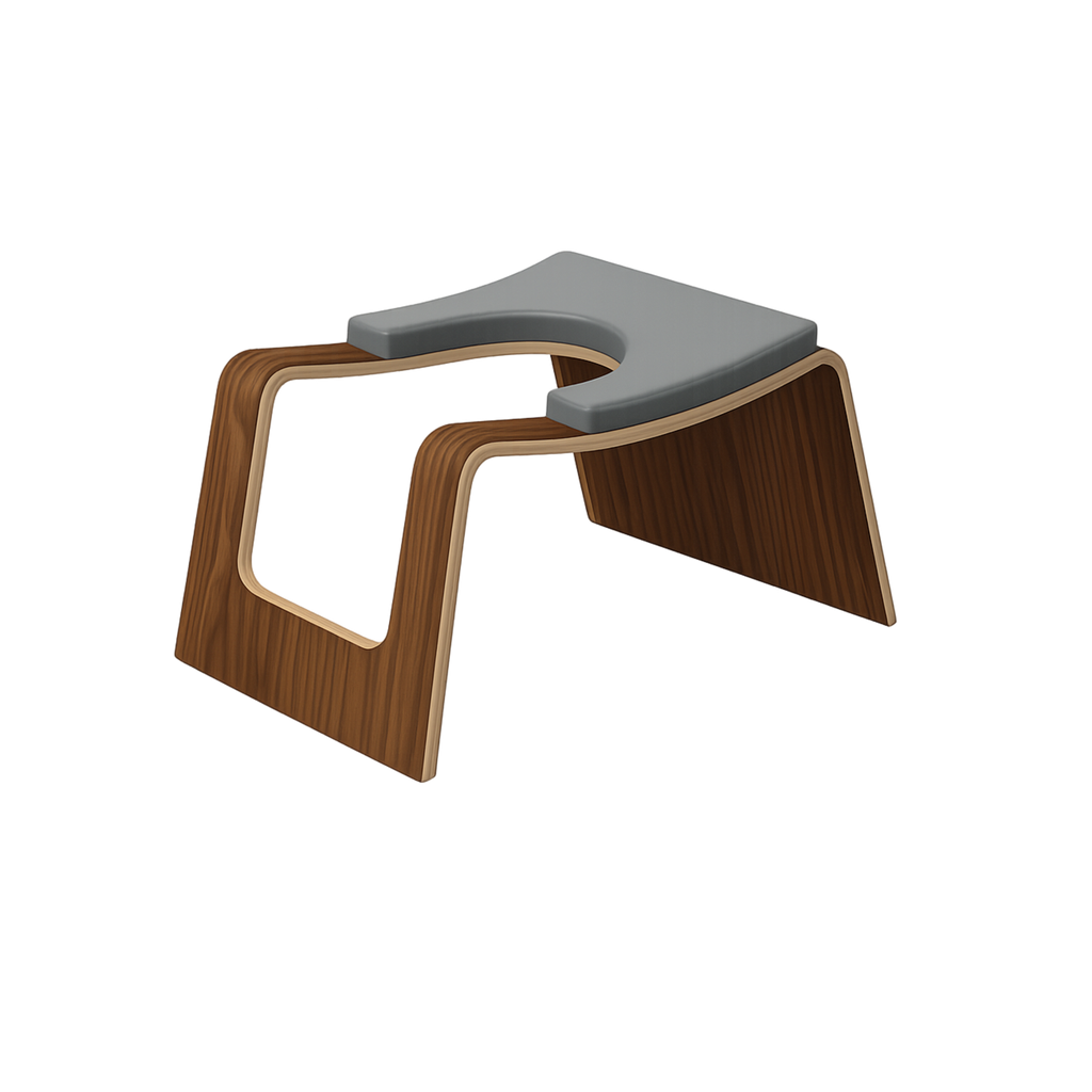 Modern yoga headstand stool with wooden base and grey cushion on a white background