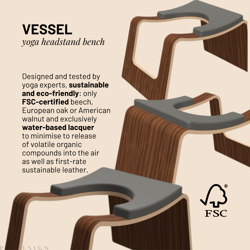 Yoga headstand stool with FSC certification label on a beige background