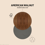 American Walnut molded plywood with FSC logo on a beige background