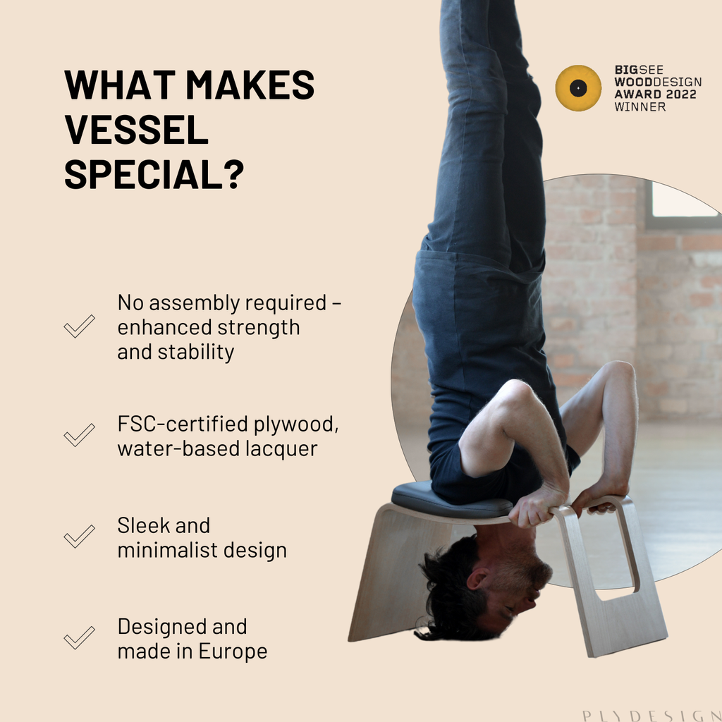 Person head standing on a vessel yoga stool with text highlighting its features on a beige background