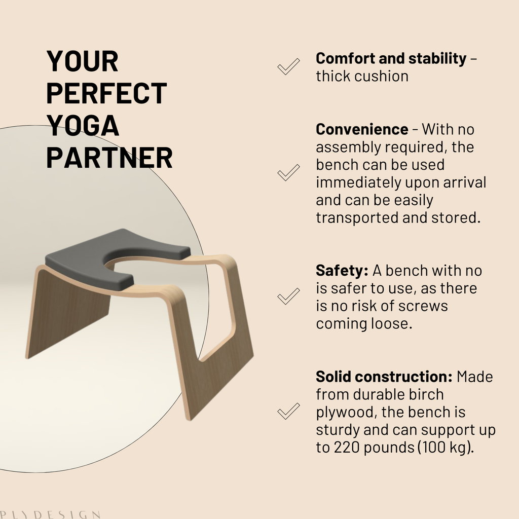 Yoga headstand bench with features listed on a beige background