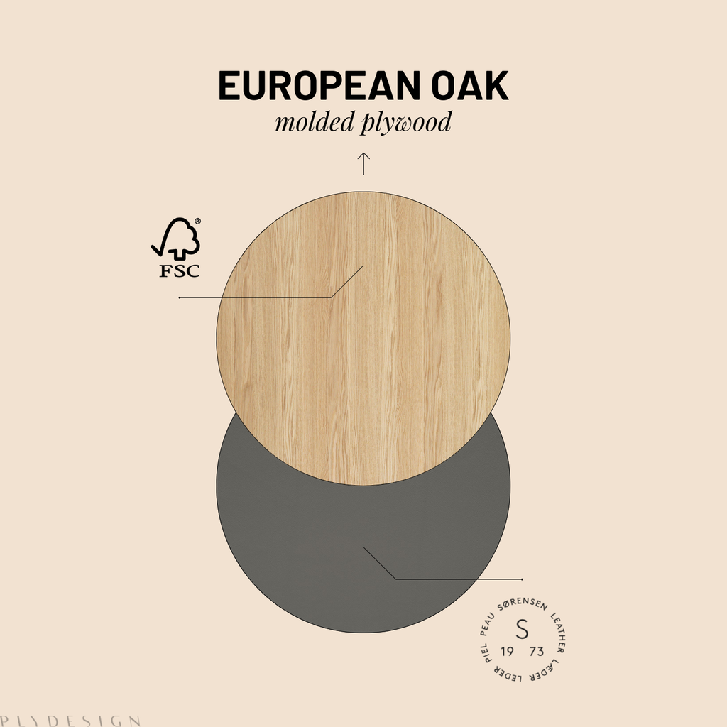 Diagram of European Oak molded plywood with FSC logo on a beige background