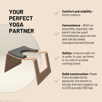 Yoga headstand bench with features listed on a beige background