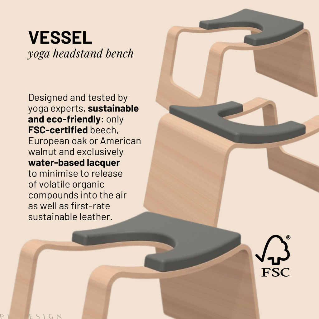 Yoga headstand bench with FSC certification label on a beige background