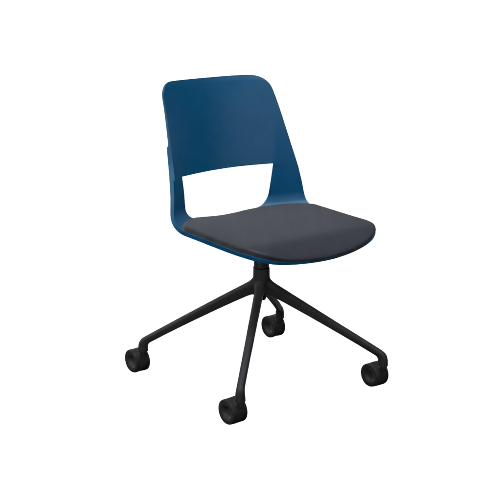 FRIGATE forgószék görgőkkel (festett tölgy, kék, kék bőrkárpittal)  I Bemutatótermi darab